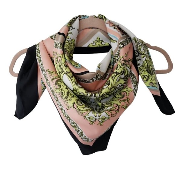 Vintage Scarf Baroque Print Pale Peach Green Blue With Black Border - Picture 2 of 5